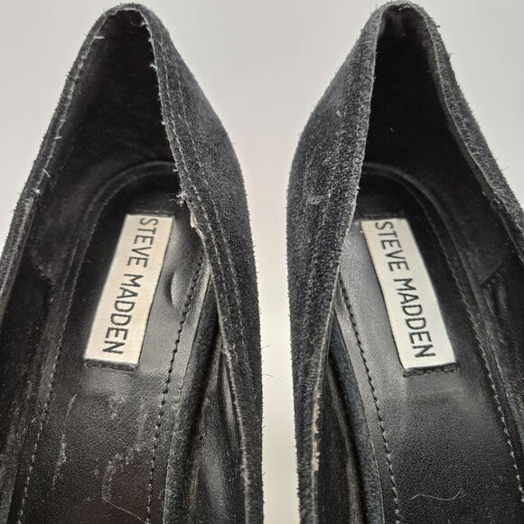 Steve Madden Black Suede Peep Toe Heels 8M Black Upper Brown Balance - Picture 4 of 13